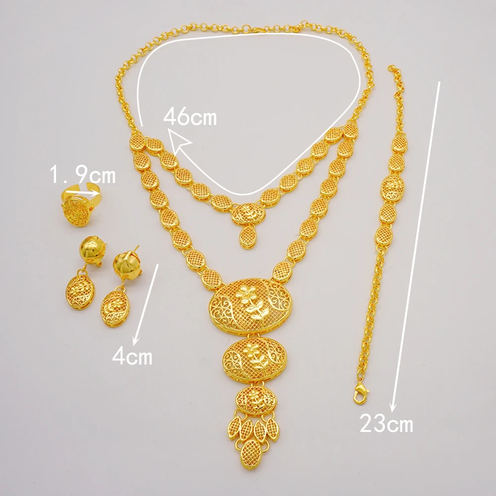 Indian Dubai Gold Color Jewelry Set For Women Bridal Long Necklace Set Nigerian Choker Necklace Bracelet Earring Ring Sets
