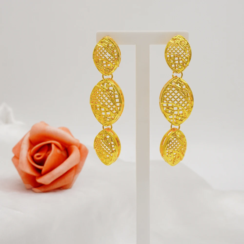 Indian Dubai Gold Color Jewelry Set For Women Bridal Long Necklace Set Nigerian Choker Necklace Bracelet Earring Ring Sets