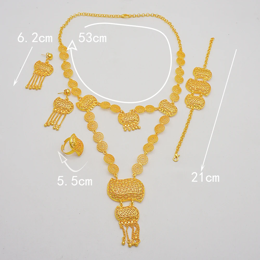 Indian Dubai Gold Color Jewelry Set For Women Bridal Long Necklace Set Nigerian Choker Necklace Bracelet Earring Ring Sets