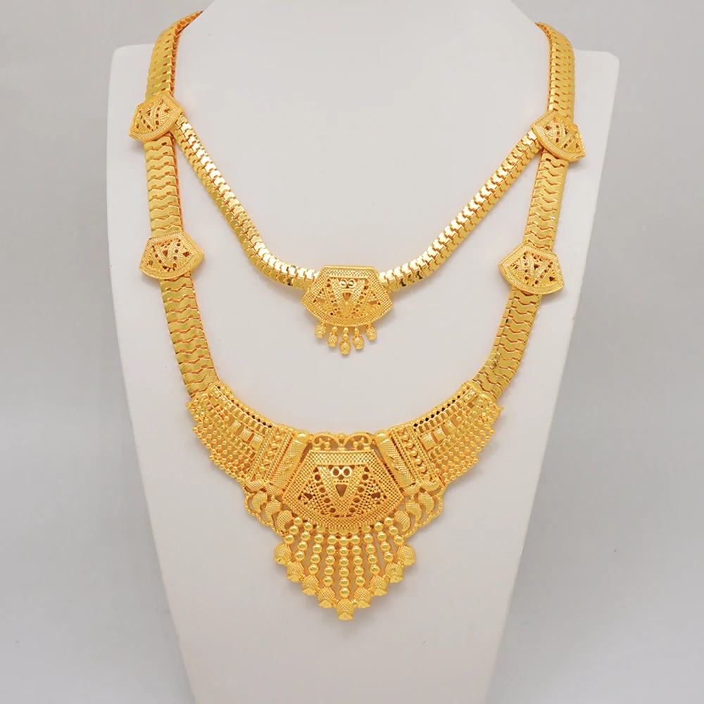 Indian Dubai Gold Color Jewelry Set For Women Bridal Long Necklace Set Nigerian Choker Necklace Bracelet Earring Ring Sets