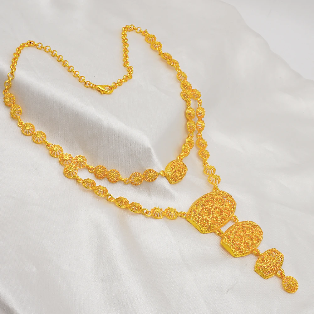 Indian Dubai Gold Color Jewelry Set For Women Bridal Long Necklace Set Nigerian Choker Necklace Bracelet Earring Ring Sets