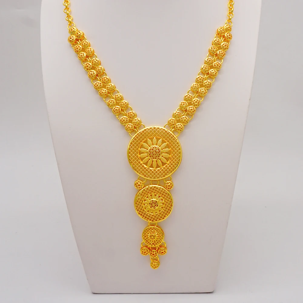 Indian Dubai Gold Color Jewelry Set For Women Bridal Long Necklace Set Nigerian Choker Necklace Bracelet Earring Ring Sets