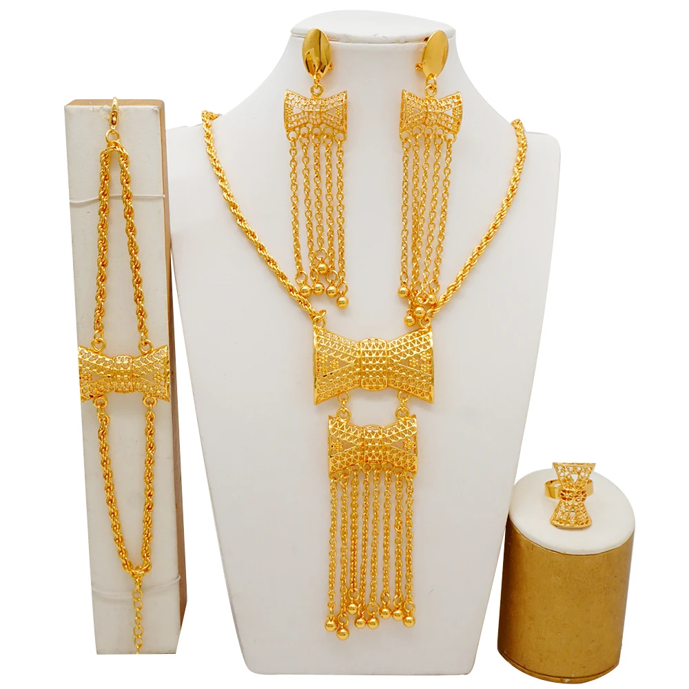 Indian Dubai Gold Color Jewelry Set For Women Bridal Long Necklace Set Nigerian Choker Necklace Bracelet Earring Ring Sets