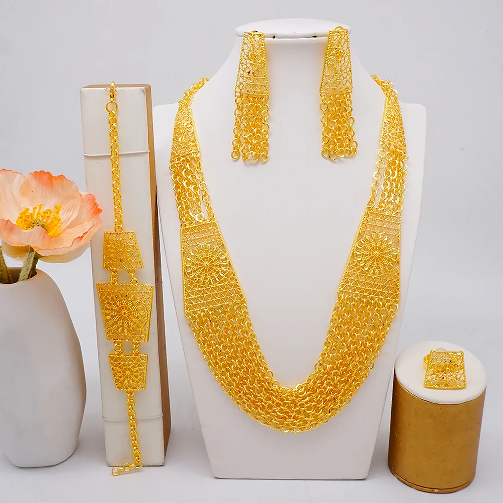 Indian Dubai Gold Color Jewelry Set For Women Bridal Long Necklace Set Nigerian Choker Necklace Bracelet Earring Ring Sets