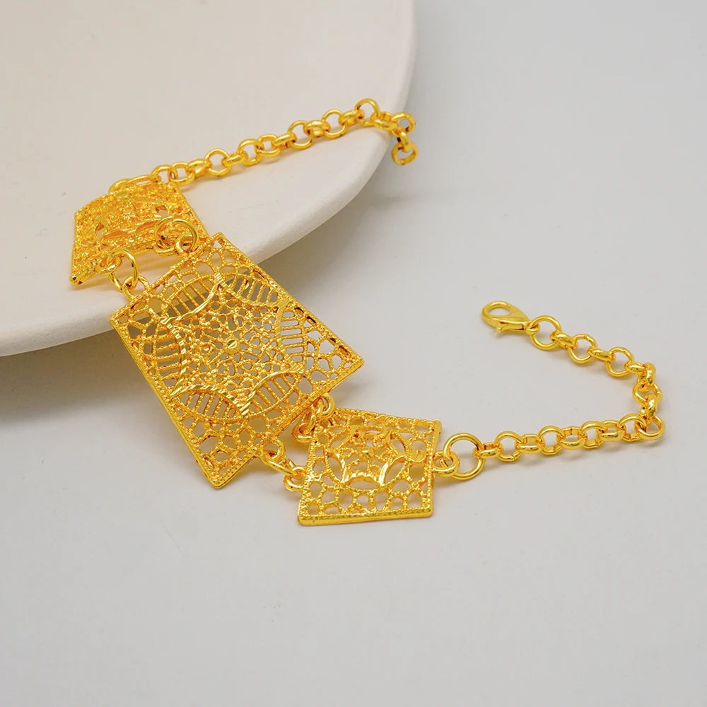 Indian Dubai Gold Color Jewelry Set For Women Bridal Long Necklace Set Nigerian Choker Necklace Bracelet Earring Ring Sets