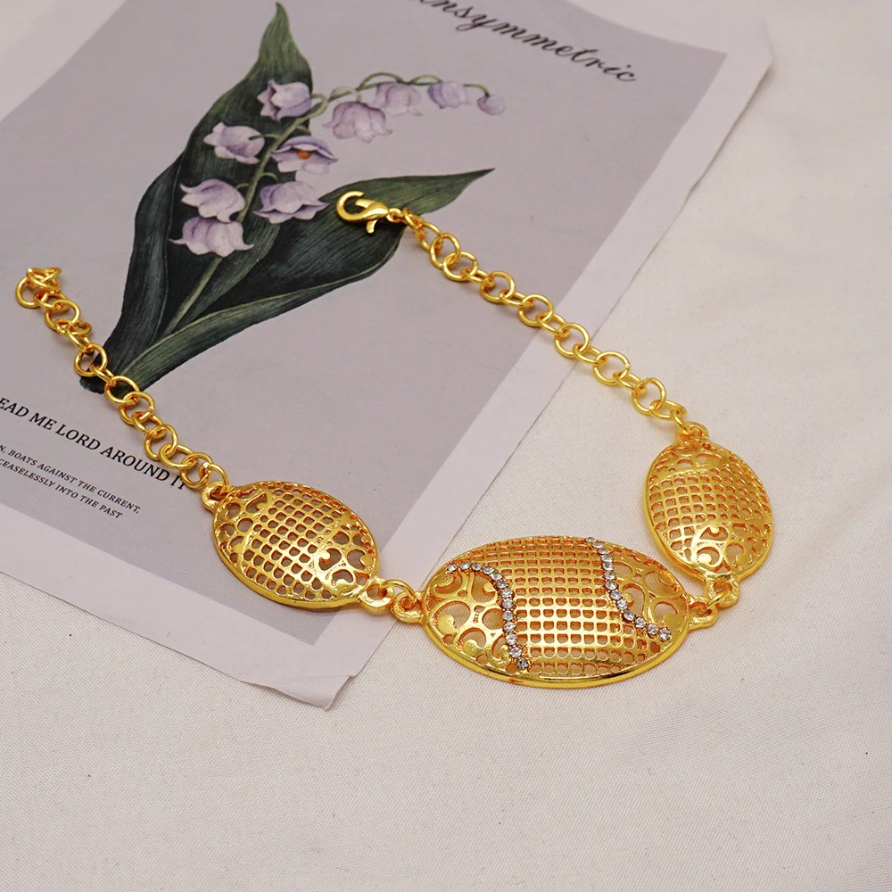 Indian Dubai Gold Color Jewelry Set For Women Bridal Long Necklace Set Nigerian Choker Necklace Bracelet Earring Ring Sets