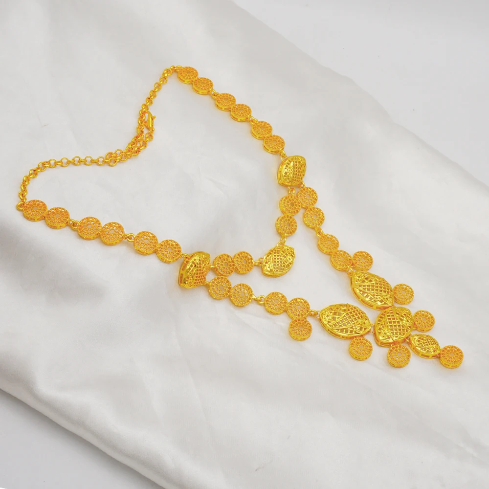 Indian Dubai Gold Color Jewelry Set For Women Bridal Long Necklace Set Nigerian Choker Necklace Bracelet Earring Ring Sets