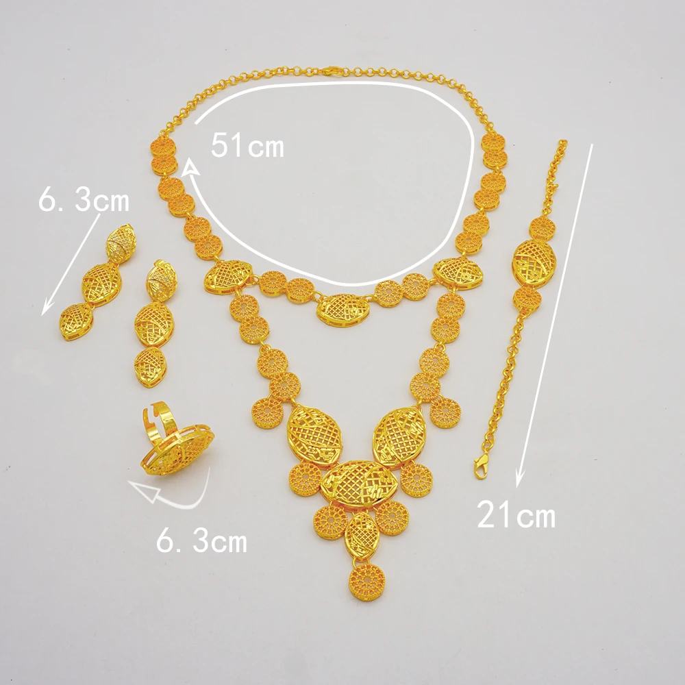 Indian Dubai Gold Color Jewelry Set For Women Bridal Long Necklace Set Nigerian Choker Necklace Bracelet Earring Ring Sets