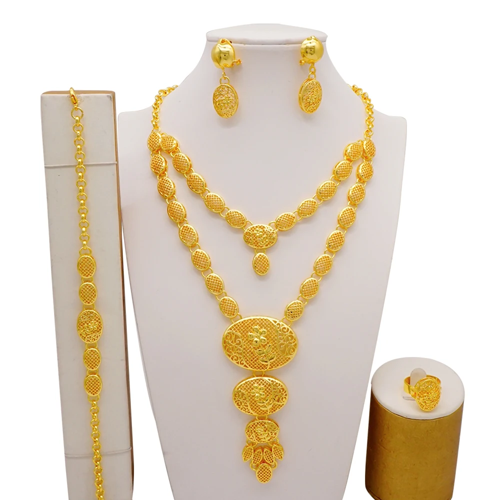 Indian Dubai Gold Color Jewelry Set For Women Bridal Long Necklace Set Nigerian Choker Necklace Bracelet Earring Ring Sets