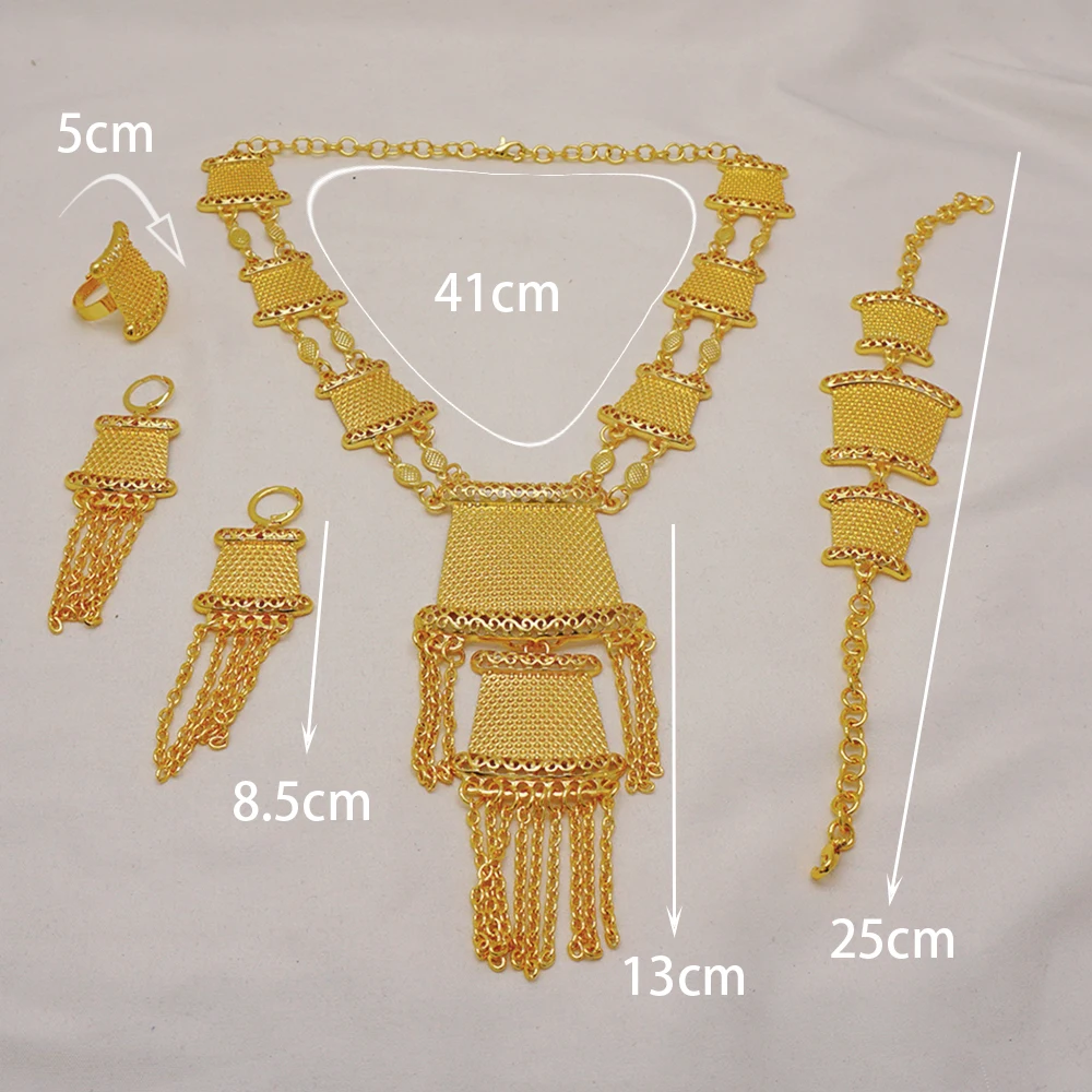 Indian Dubai Gold Color Jewelry Set For Women Bridal Long Necklace Set Nigerian Choker Necklace Bracelet Earring Ring Sets