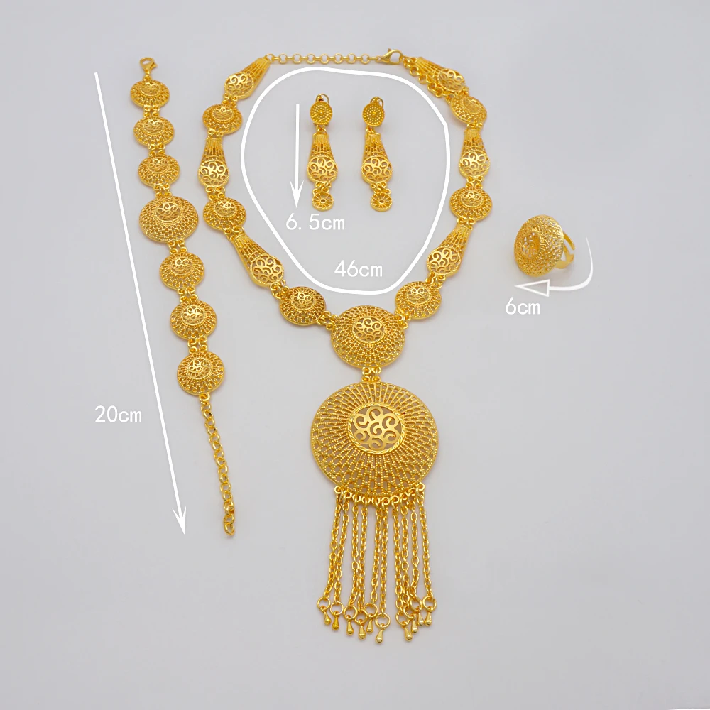 Indian Dubai Gold Color Jewelry Set For Women Bridal Long Necklace Set Nigerian Choker Necklace Bracelet Earring Ring Sets