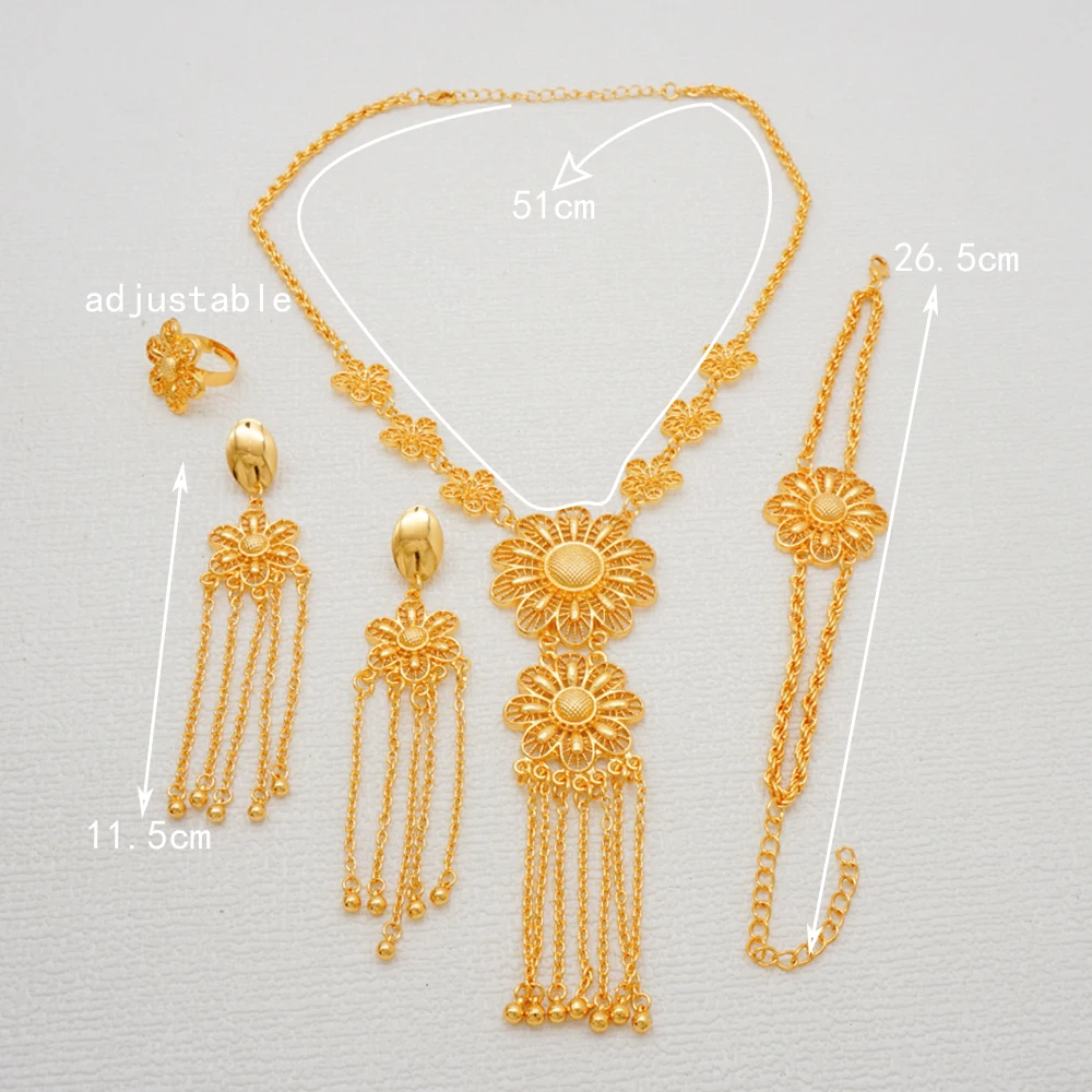 Indian Dubai Gold Color Jewelry Set For Women Bridal Long Necklace Set Nigerian Choker Necklace Bracelet Earring Ring Sets