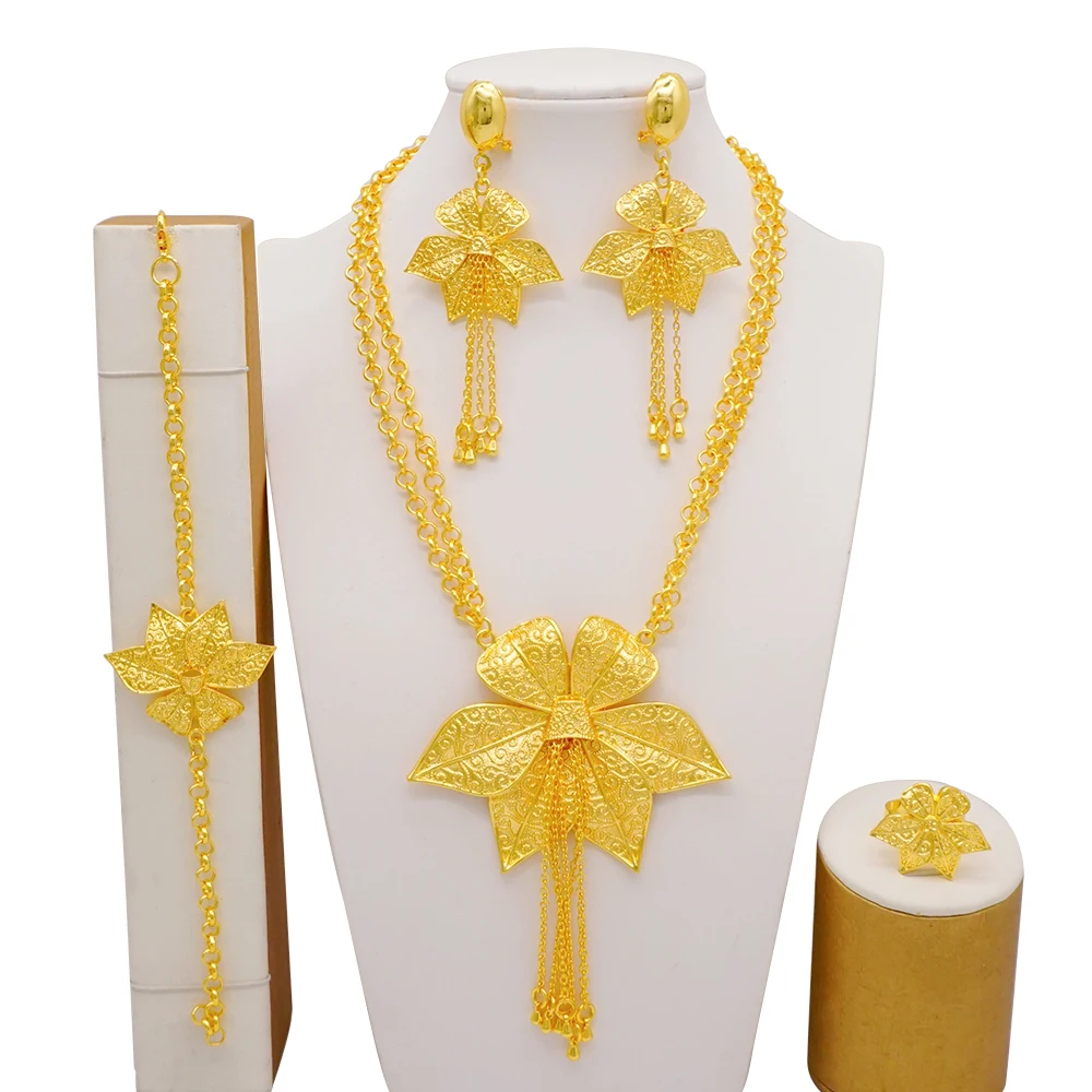 Indian Dubai Gold Color Jewelry Set For Women Bridal Long Necklace Set Nigerian Choker Necklace Bracelet Earring Ring Sets