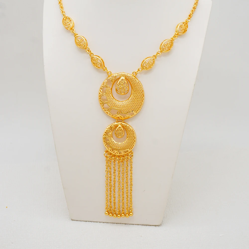Indian Dubai Gold Color Jewelry Set For Women Bridal Long Necklace Set Nigerian Choker Necklace Bracelet Earring Ring Sets