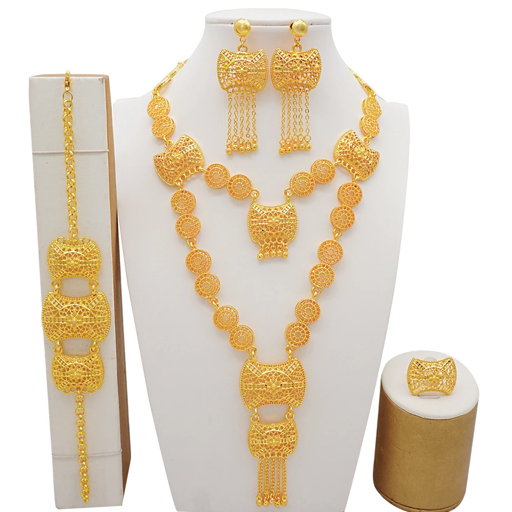 Indian Dubai Gold Color Jewelry Set For Women Bridal Long Necklace Set Nigerian Choker Necklace Bracelet Earring Ring Sets