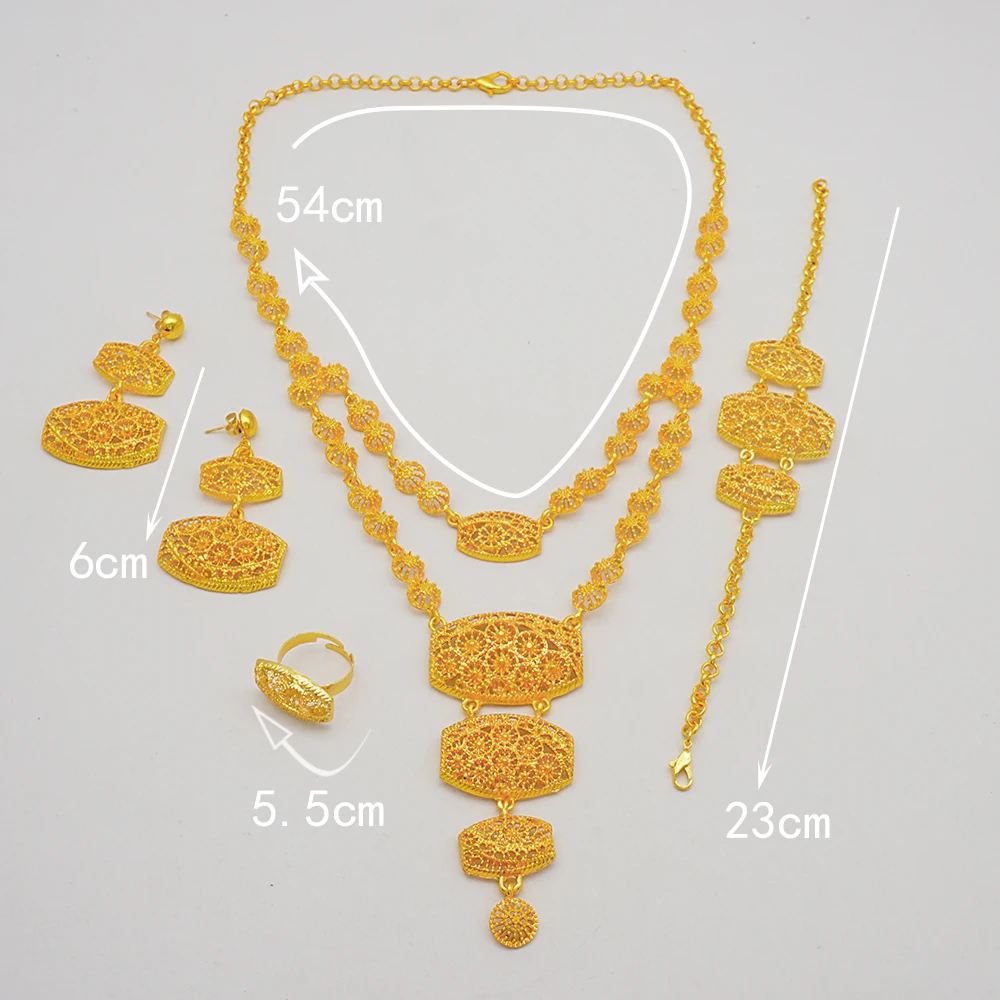 Indian Dubai Gold Color Jewelry Set For Women Bridal Long Necklace Set Nigerian Choker Necklace Bracelet Earring Ring Sets