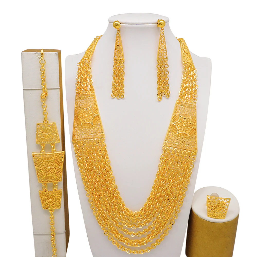 Indian Dubai Gold Color Jewelry Set For Women Bridal Long Necklace Set Nigerian Choker Necklace Bracelet Earring Ring Sets