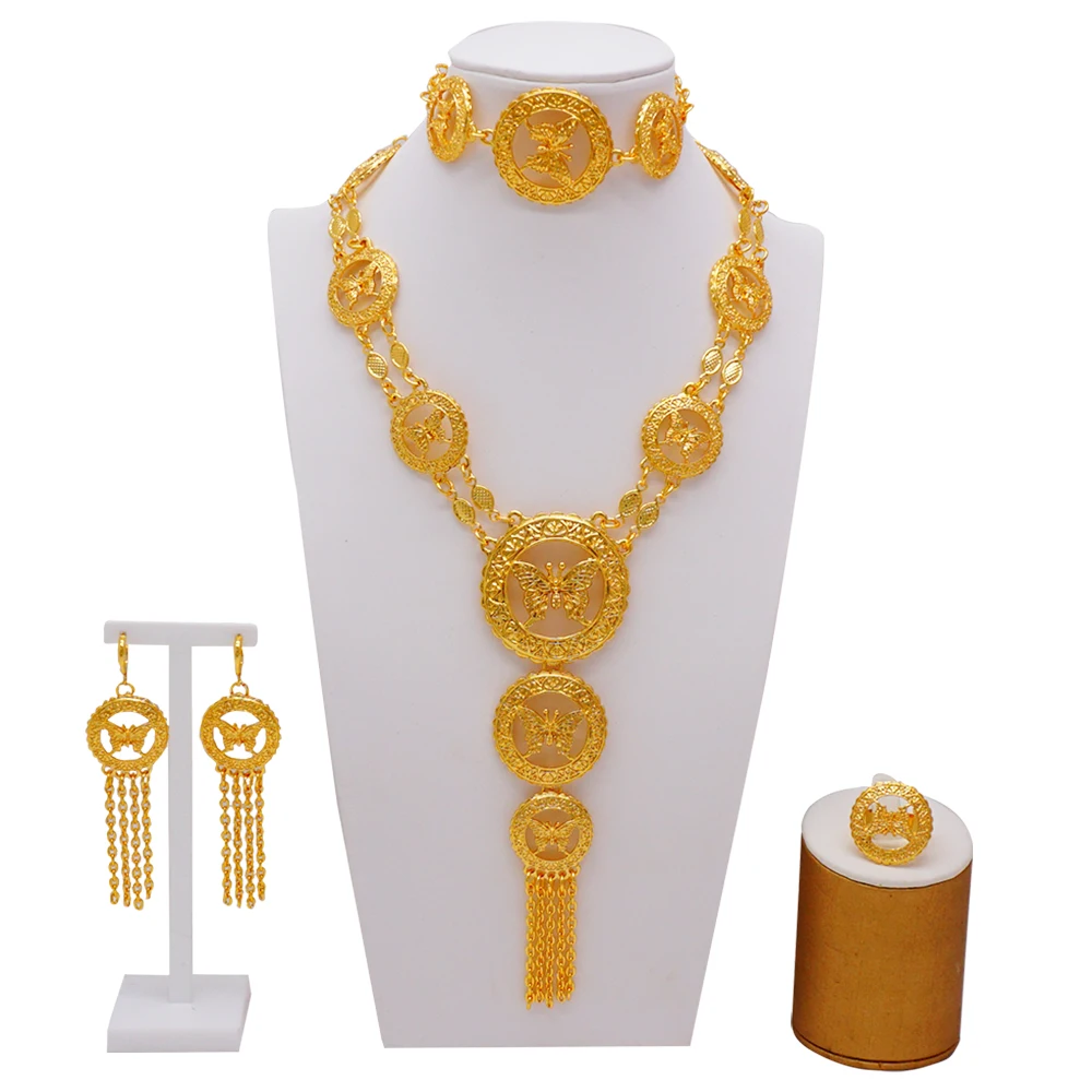 Indian Dubai Gold Color Jewelry Set For Women Bridal Long Necklace Set Nigerian Choker Necklace Bracelet Earring Ring Sets