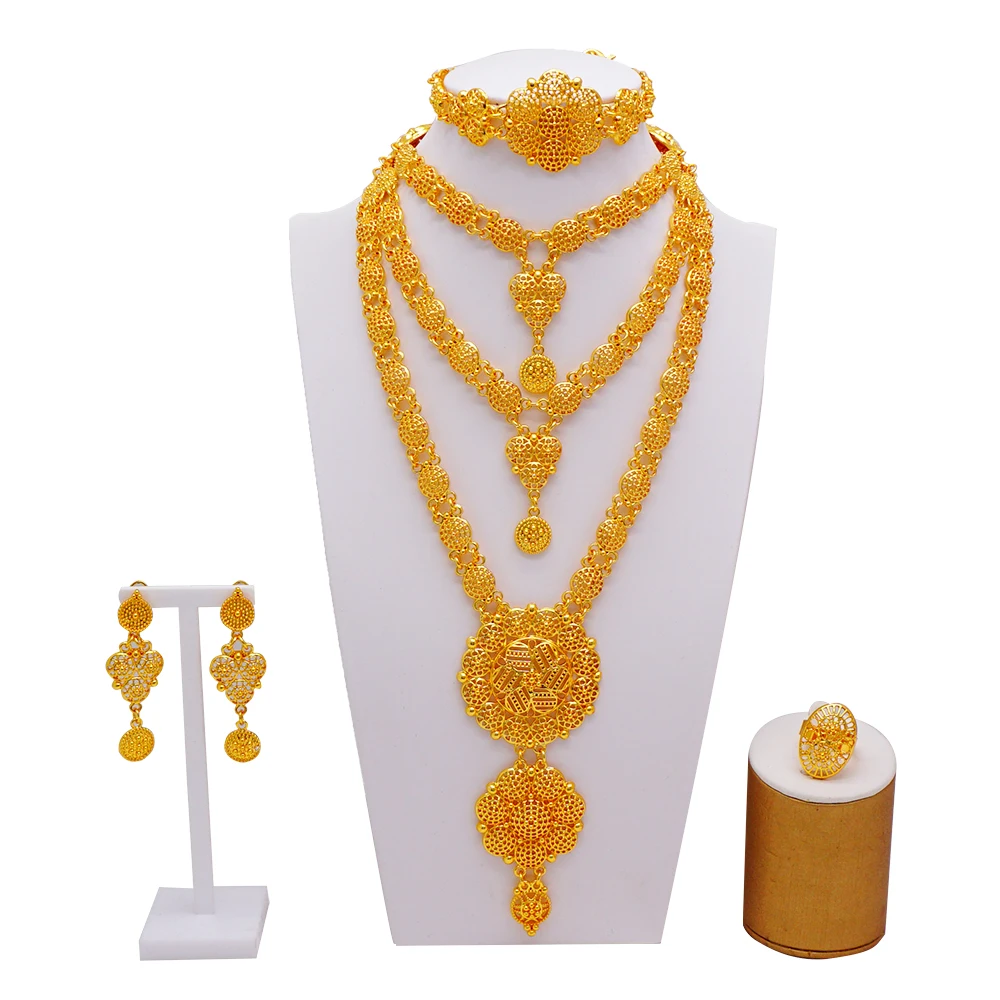 Indian Dubai Gold Color Jewelry Set For Women Bridal Long Necklace Set Nigerian Choker Necklace Bracelet Earring Ring Sets