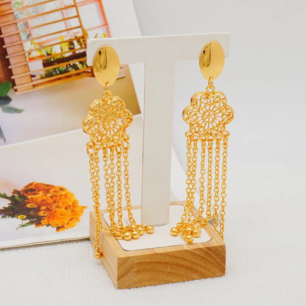 Indian Dubai Gold Color Jewelry Set For Women Bridal Long Necklace Set Nigerian Choker Necklace Bracelet Earring Ring Sets