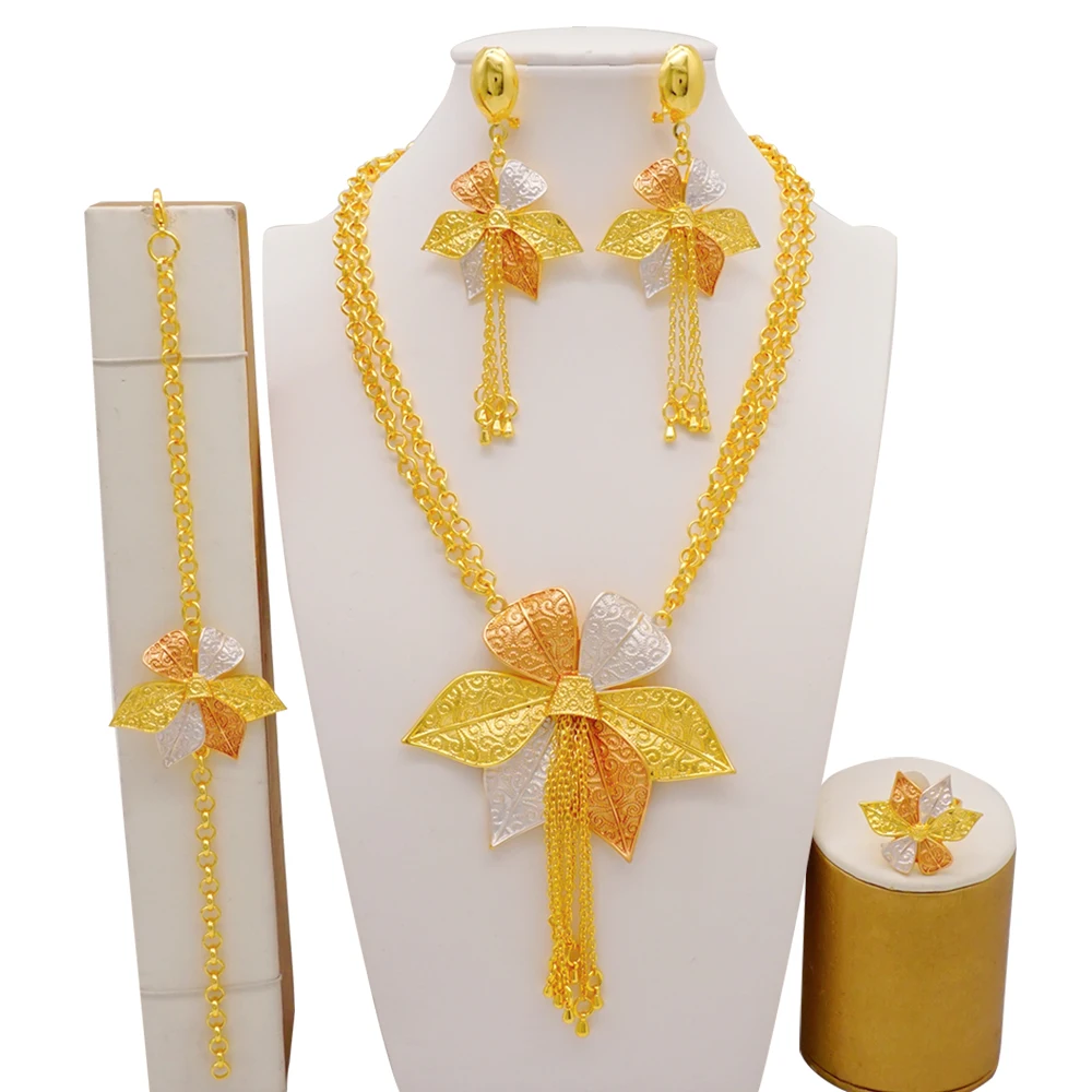 Indian Dubai Gold Color Jewelry Set For Women Bridal Long Necklace Set Nigerian Choker Necklace Bracelet Earring Ring Sets