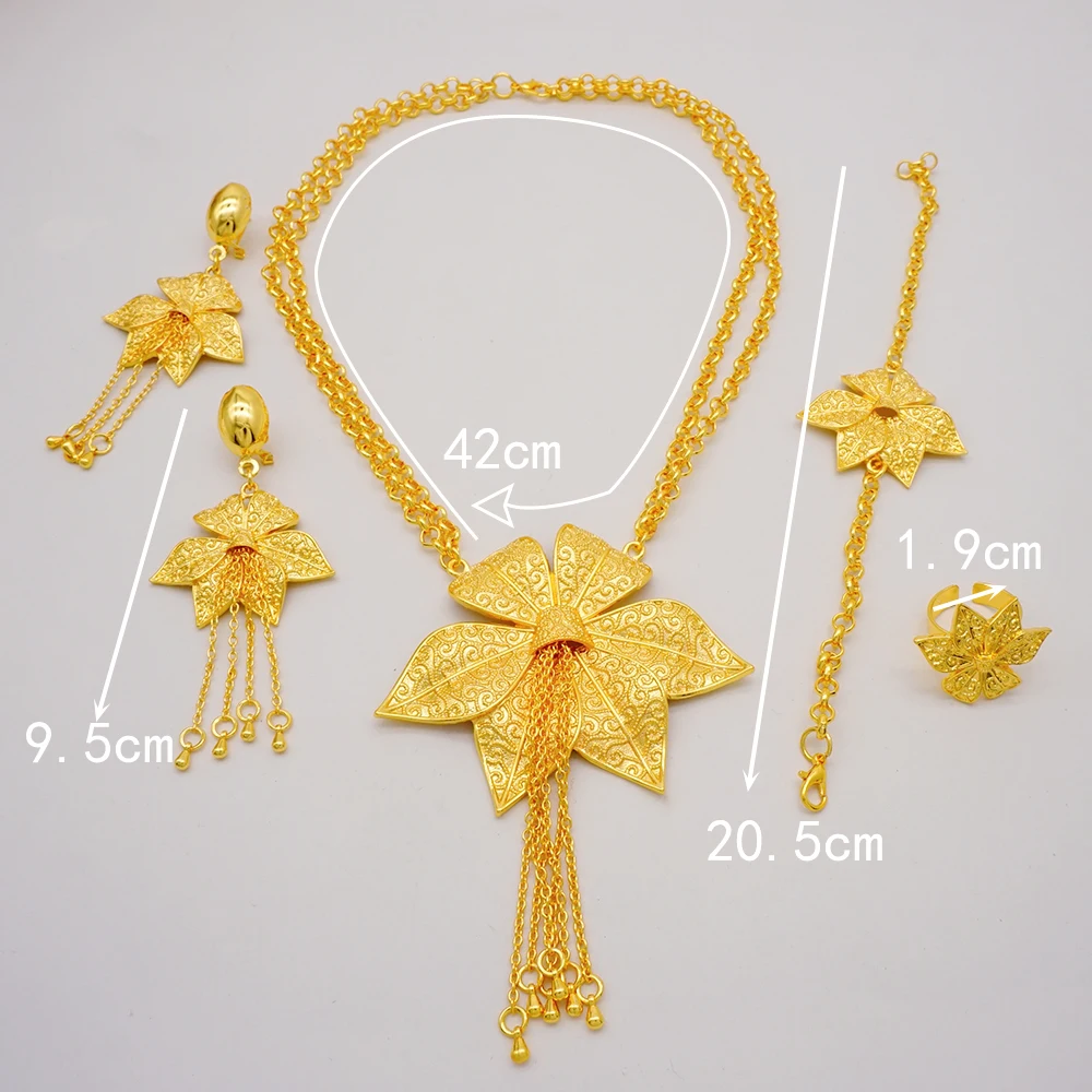 Indian Dubai Gold Color Jewelry Set For Women Bridal Long Necklace Set Nigerian Choker Necklace Bracelet Earring Ring Sets