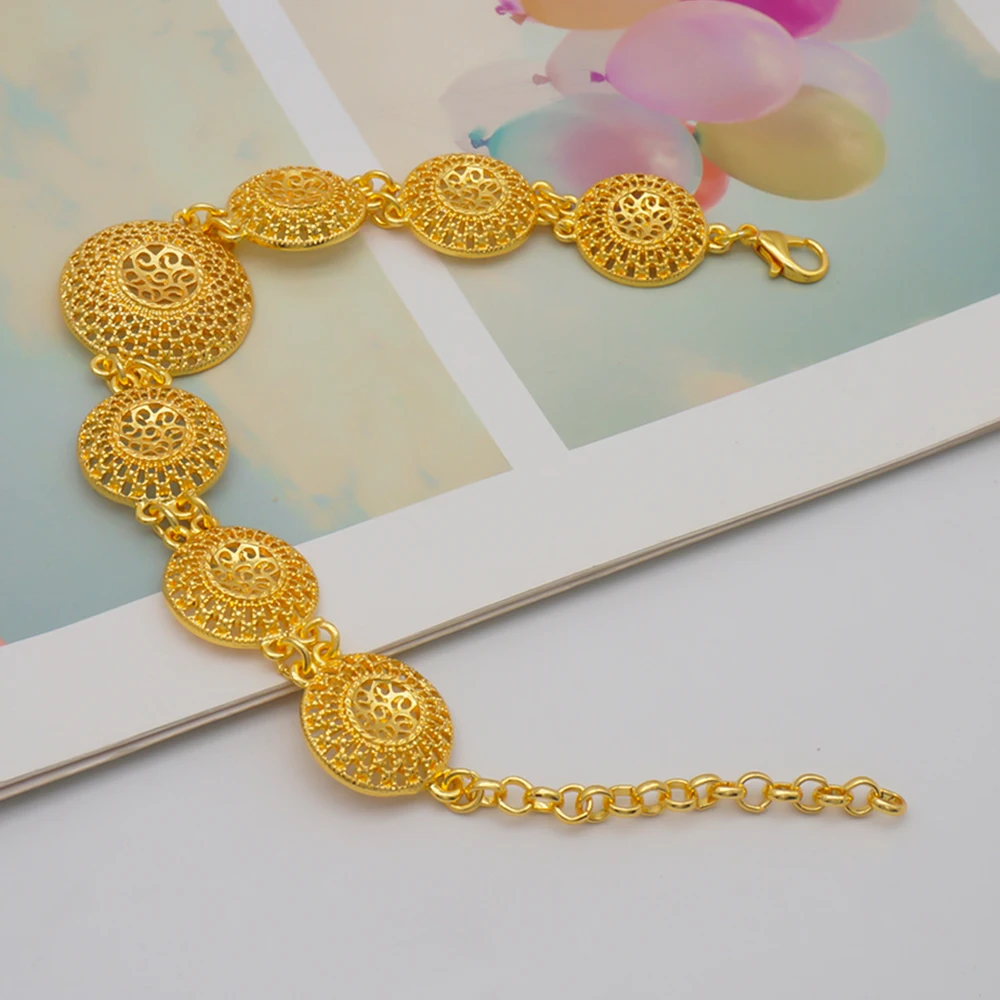 Indian Dubai Gold Color Jewelry Set For Women Bridal Long Necklace Set Nigerian Choker Necklace Bracelet Earring Ring Sets