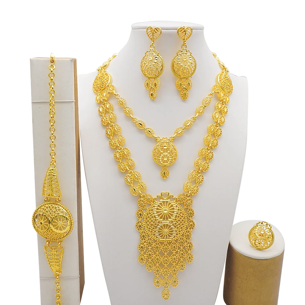 Indian Dubai Gold Color Jewelry Set For Women Bridal Long Necklace Set Nigerian Choker Necklace Bracelet Earring Ring Sets