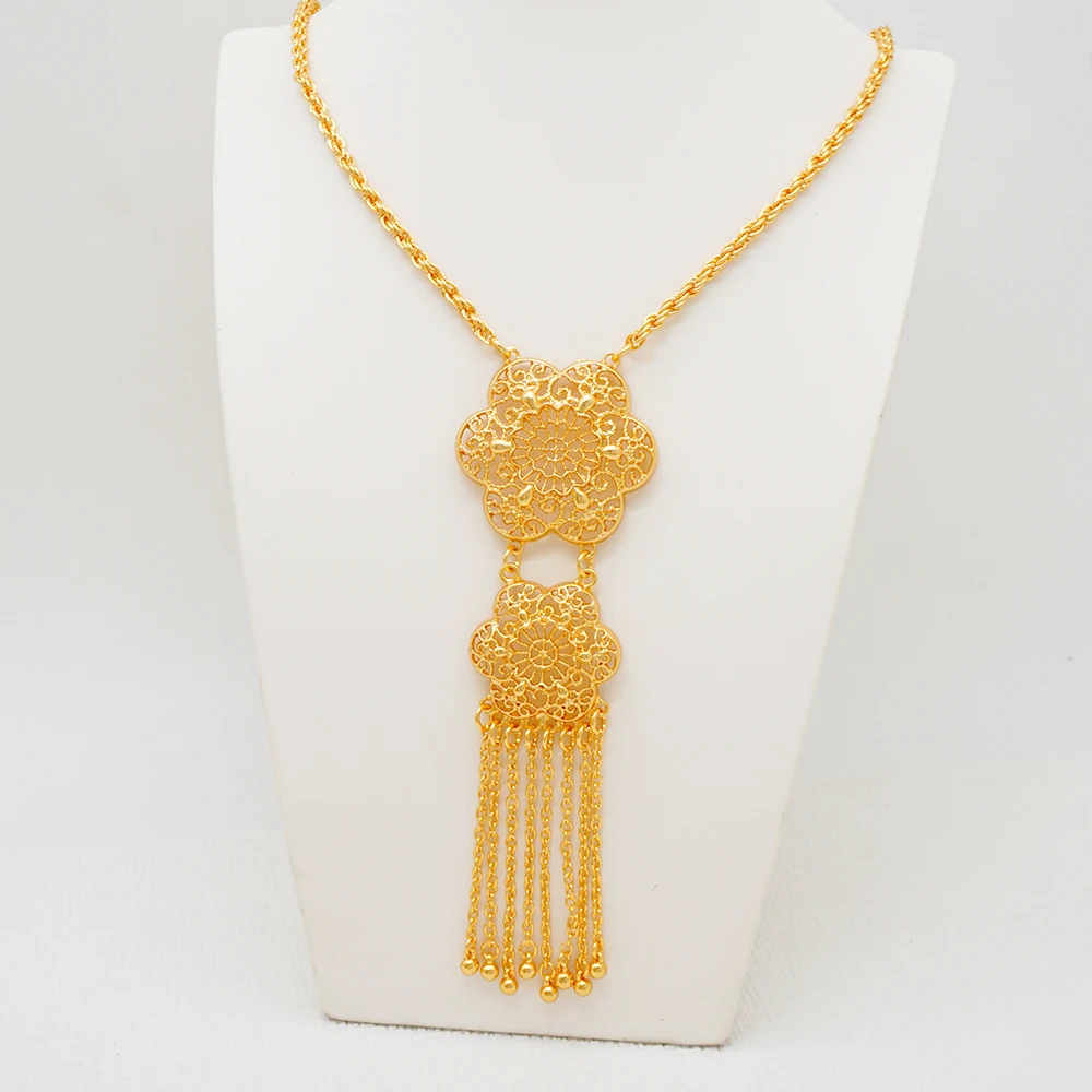 Indian Dubai Gold Color Jewelry Set For Women Bridal Long Necklace Set Nigerian Choker Necklace Bracelet Earring Ring Sets