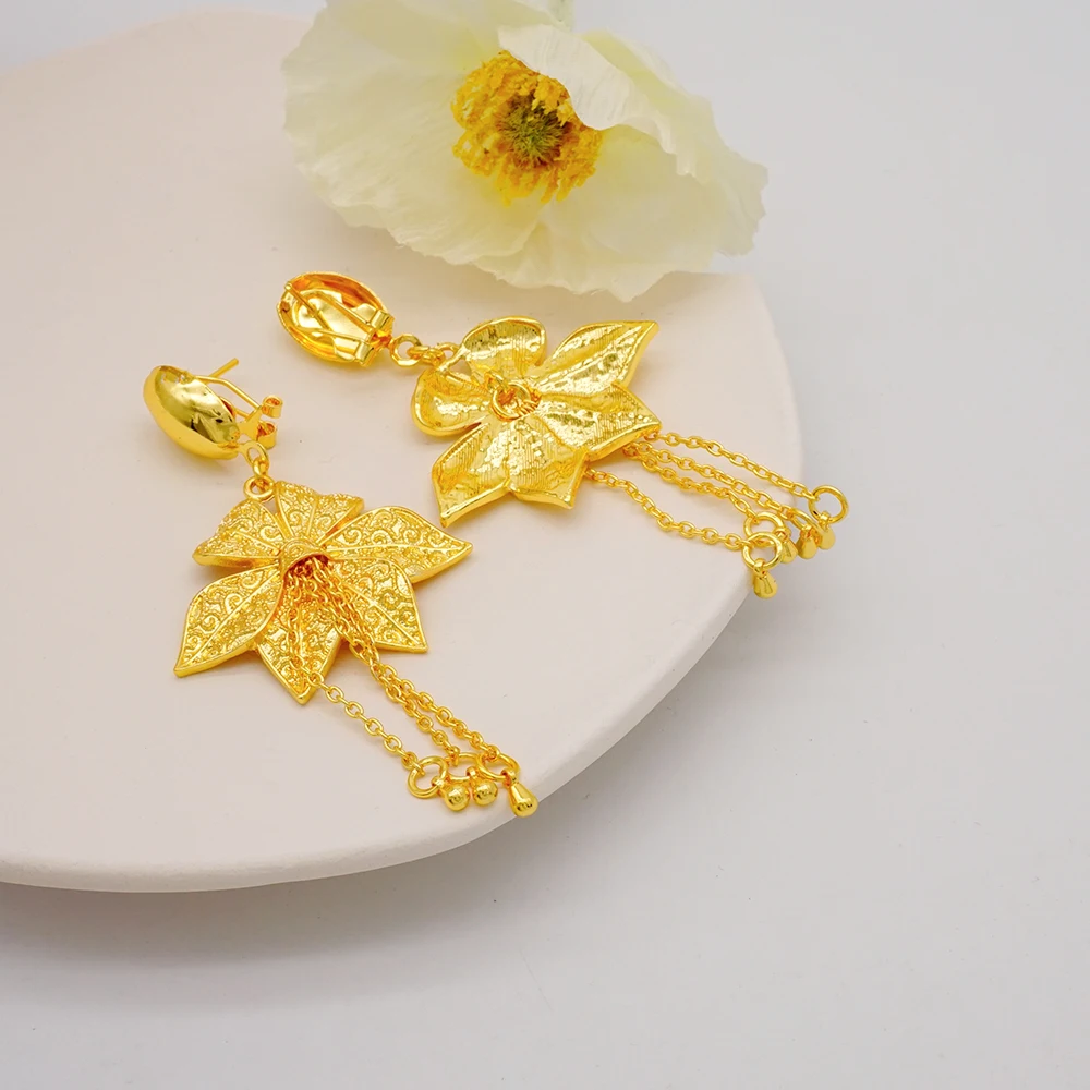 Indian Dubai Gold Color Jewelry Set For Women Bridal Long Necklace Set Nigerian Choker Necklace Bracelet Earring Ring Sets