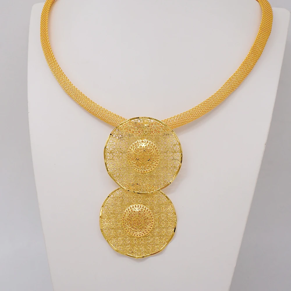 Indian Dubai Gold Color Jewelry Set For Women Bridal Long Necklace Set Nigerian Choker Necklace Bracelet Earring Ring Sets
