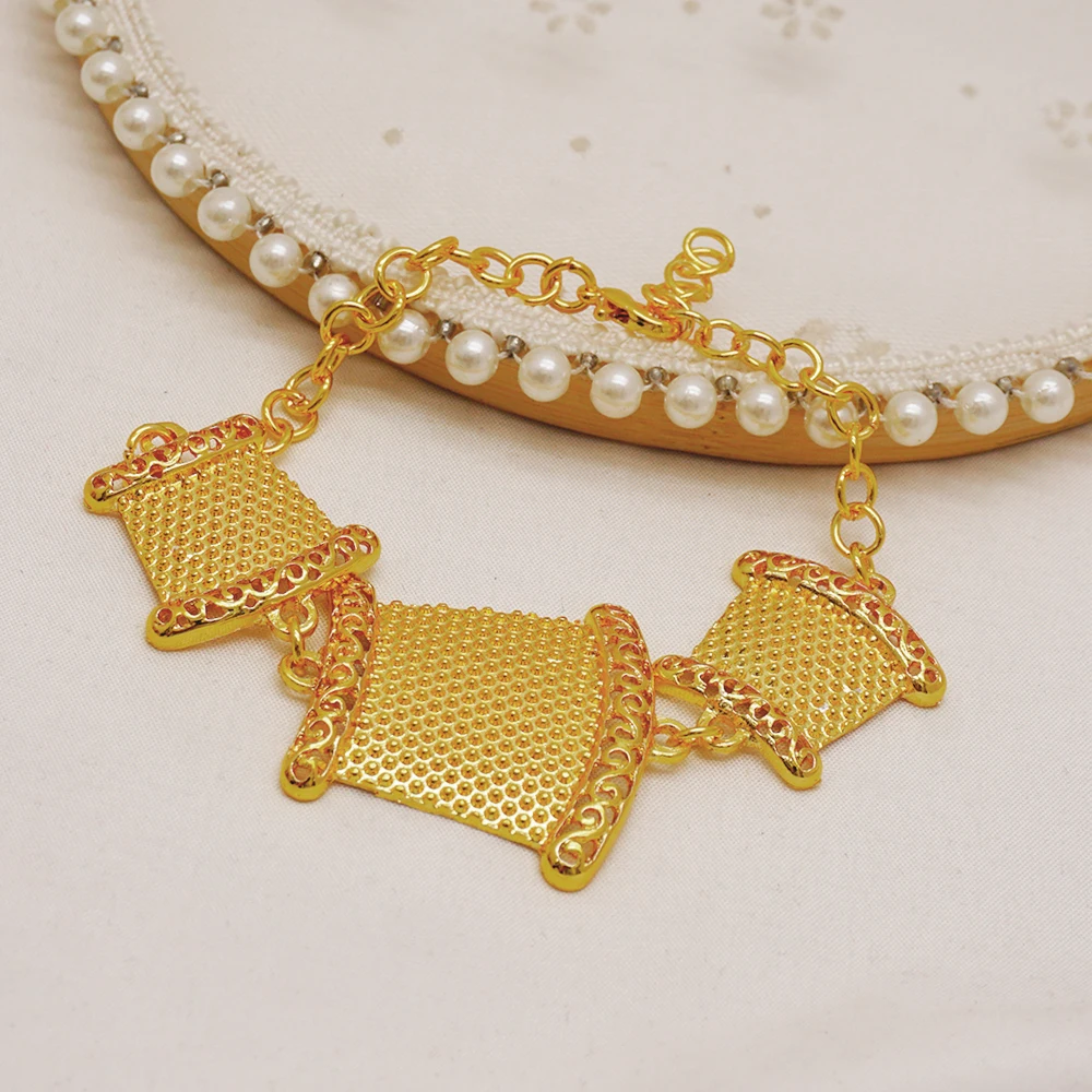 Indian Dubai Gold Color Jewelry Set For Women Bridal Long Necklace Set Nigerian Choker Necklace Bracelet Earring Ring Sets