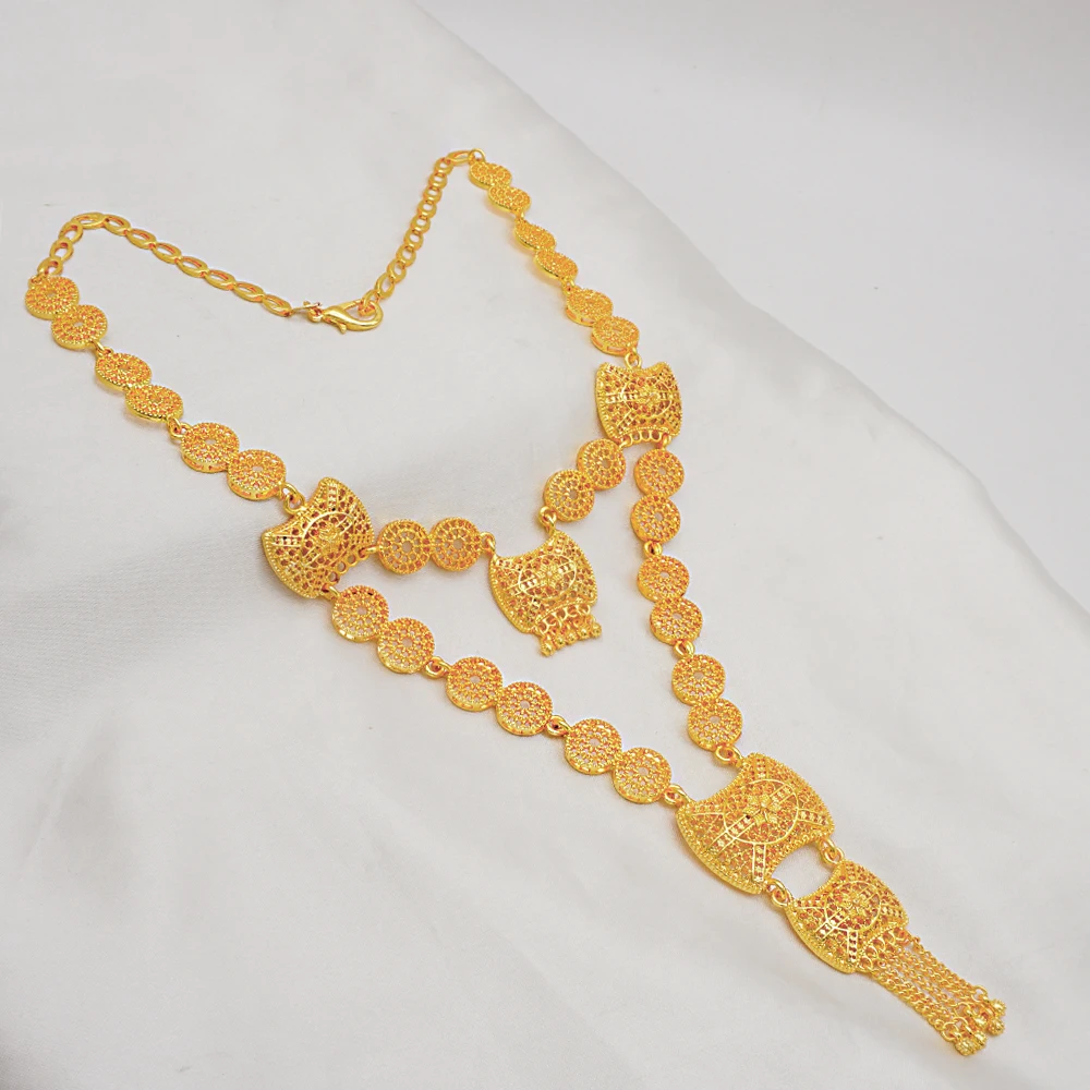 Indian Dubai Gold Color Jewelry Set For Women Bridal Long Necklace Set Nigerian Choker Necklace Bracelet Earring Ring Sets