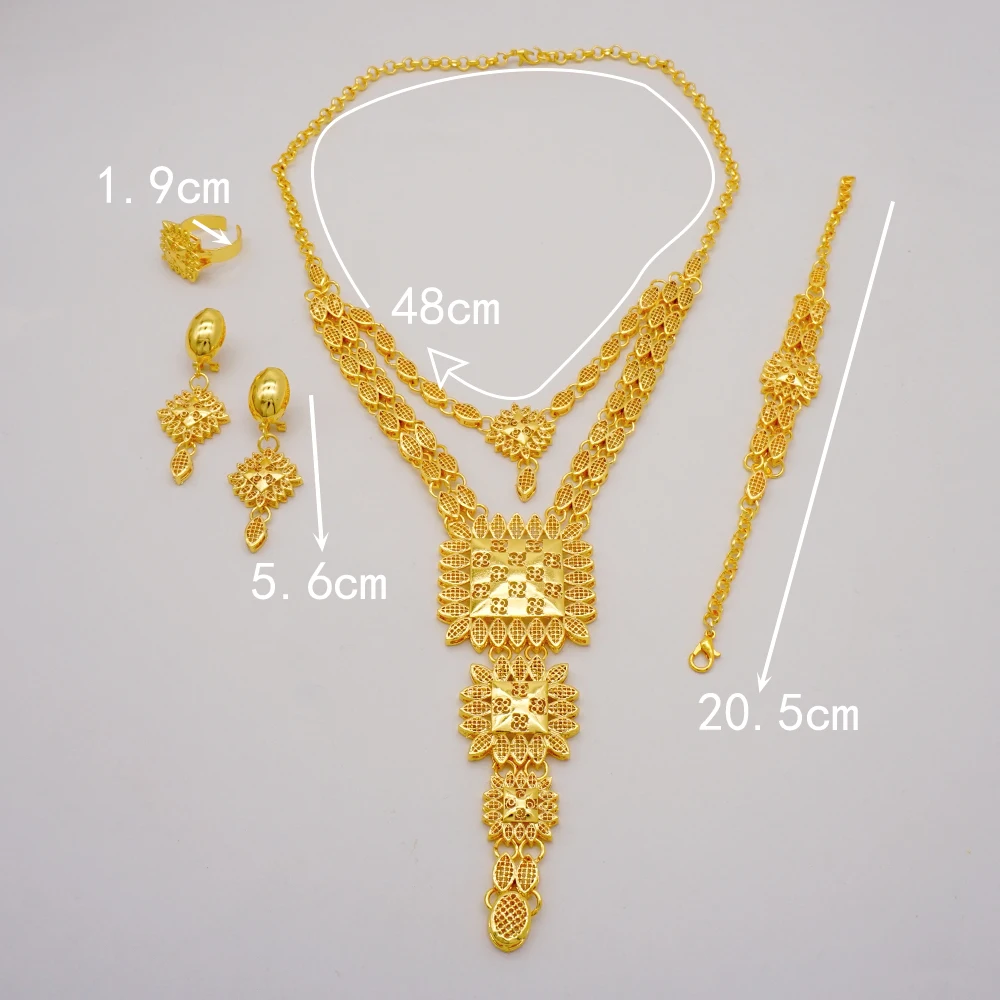 Indian Dubai Gold Color Jewelry Set For Women Bridal Long Necklace Set Nigerian Choker Necklace Bracelet Earring Ring Sets