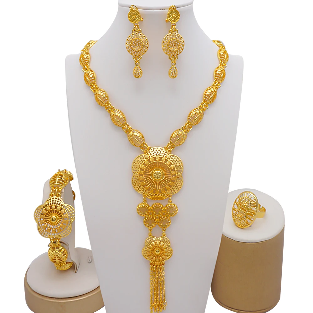 Indian Dubai Gold Color Jewelry Set For Women Bridal Long Necklace Set Nigerian Choker Necklace Bracelet Earring Ring Sets