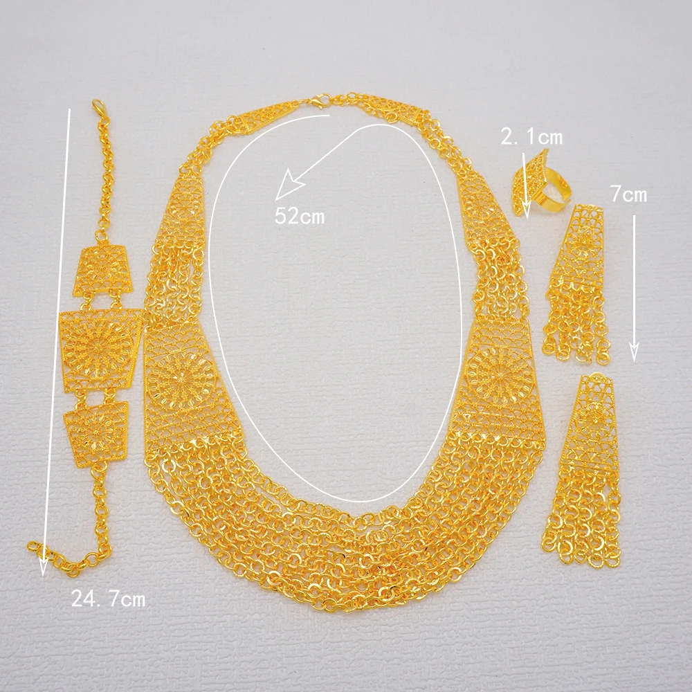 Indian Dubai Gold Color Jewelry Set For Women Bridal Long Necklace Set Nigerian Choker Necklace Bracelet Earring Ring Sets