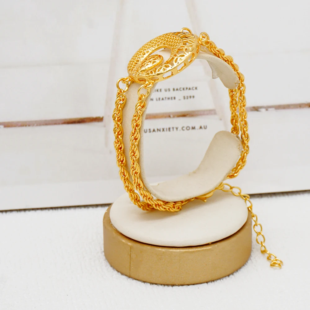 Indian Dubai Gold Color Jewelry Set For Women Bridal Long Necklace Set Nigerian Choker Necklace Bracelet Earring Ring Sets