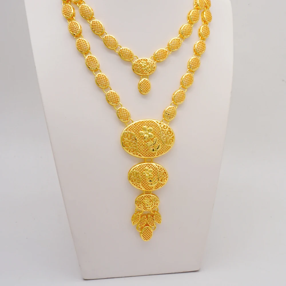 Indian Dubai Gold Color Jewelry Set For Women Bridal Long Necklace Set Nigerian Choker Necklace Bracelet Earring Ring Sets