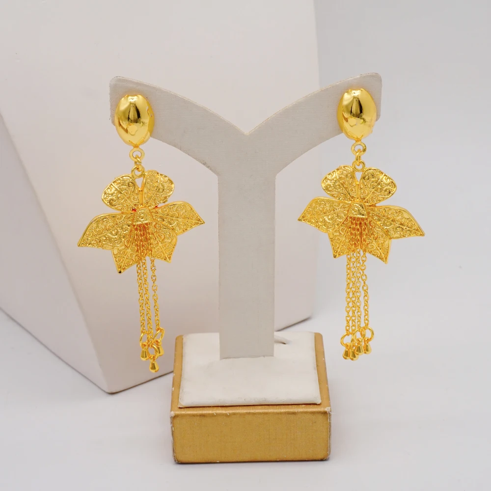Indian Dubai Gold Color Jewelry Set For Women Bridal Long Necklace Set Nigerian Choker Necklace Bracelet Earring Ring Sets