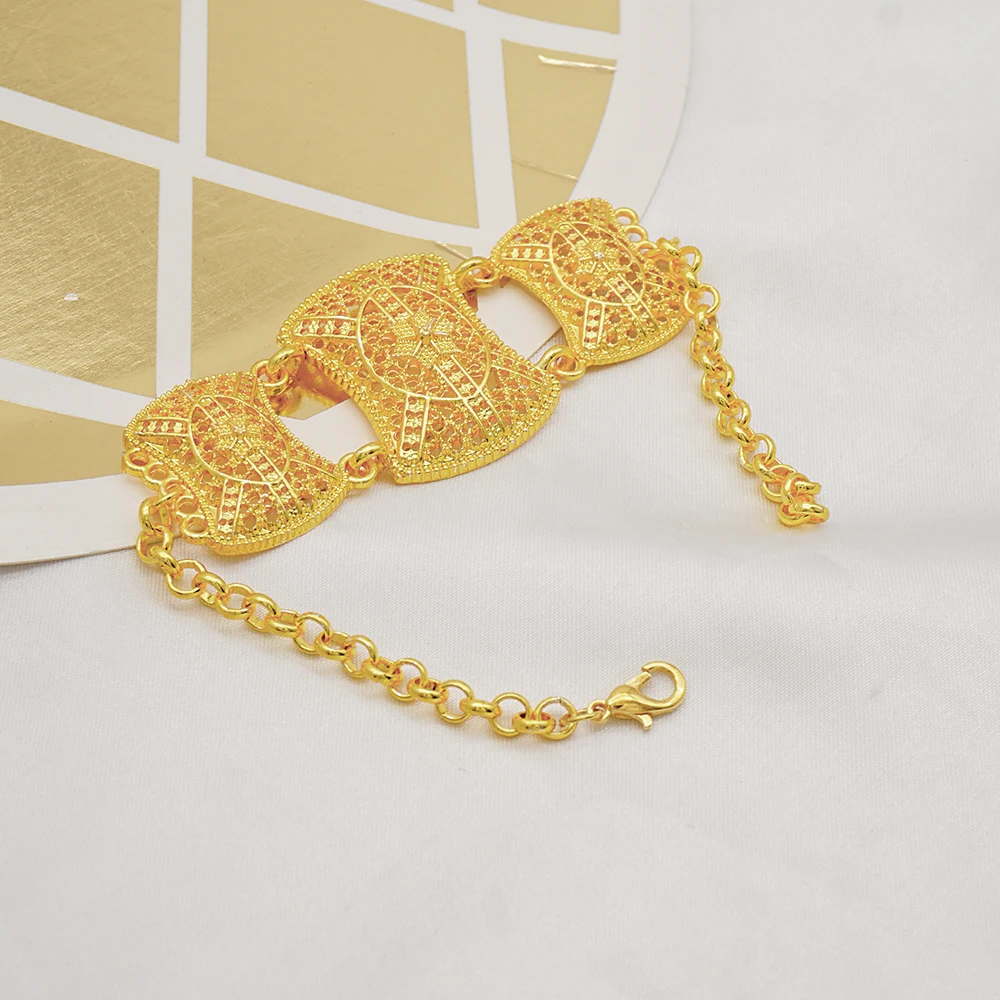 Indian Dubai Gold Color Jewelry Set For Women Bridal Long Necklace Set Nigerian Choker Necklace Bracelet Earring Ring Sets