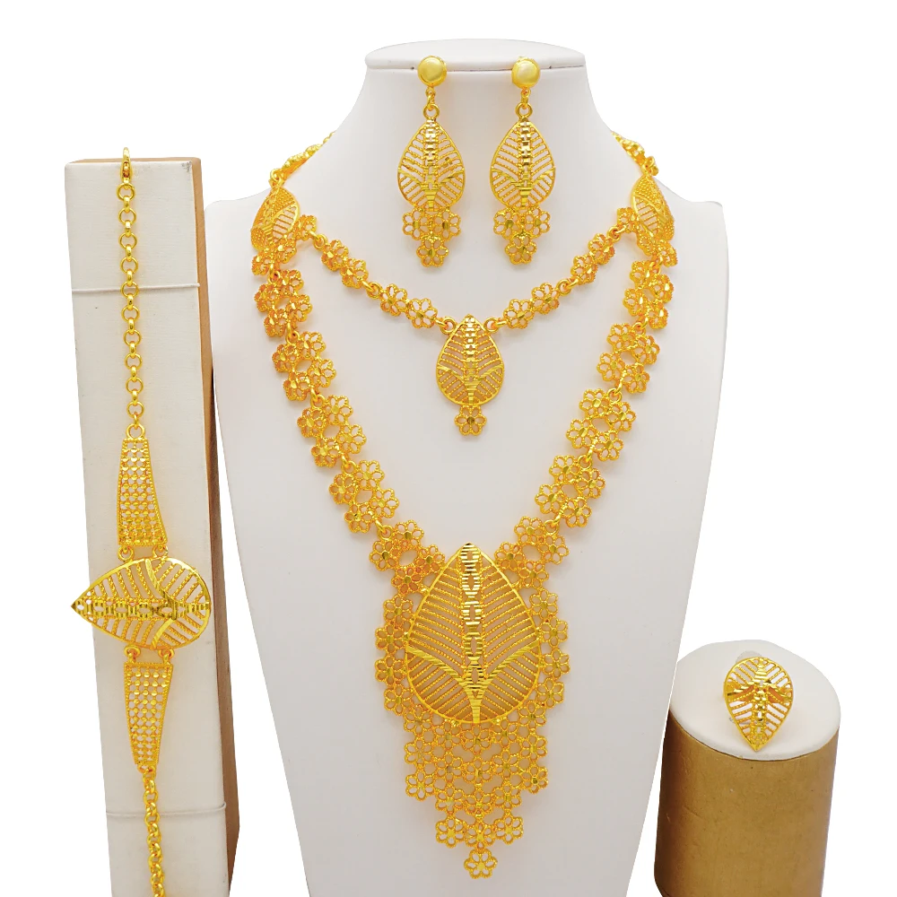 Indian Dubai Gold Color Jewelry Set For Women Bridal Long Necklace Set Nigerian Choker Necklace Bracelet Earring Ring Sets