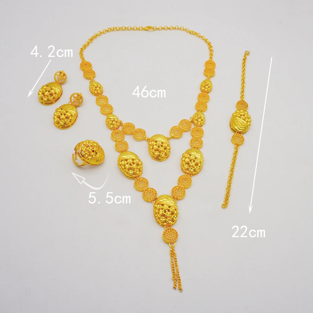 Indian Dubai Gold Color Jewelry Set For Women Bridal Long Necklace Set Nigerian Choker Necklace Bracelet Earring Ring Sets