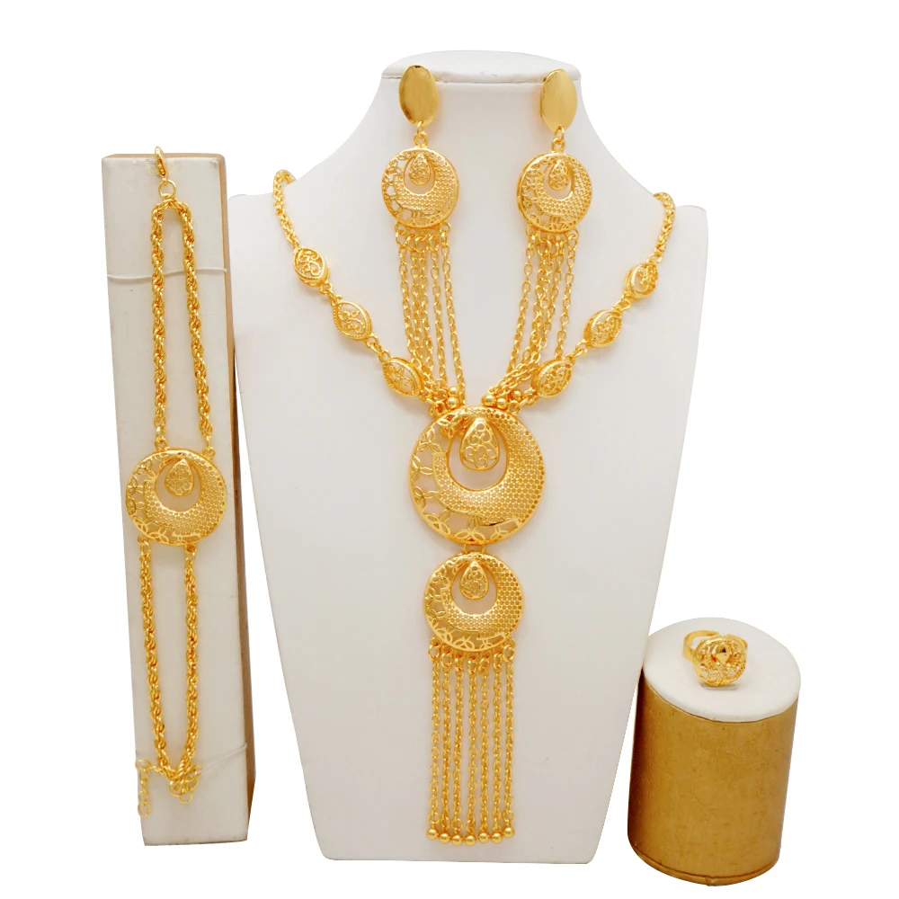 Indian Dubai Gold Color Jewelry Set For Women Bridal Long Necklace Set Nigerian Choker Necklace Bracelet Earring Ring Sets