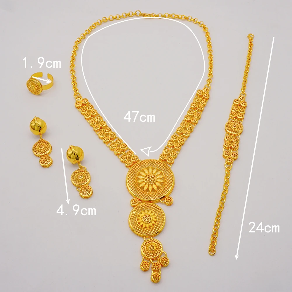 Indian Dubai Gold Color Jewelry Set For Women Bridal Long Necklace Set Nigerian Choker Necklace Bracelet Earring Ring Sets