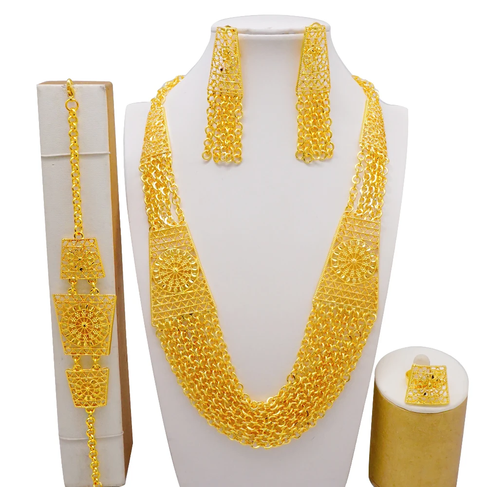 Indian Dubai Gold Color Jewelry Set For Women Bridal Long Necklace Set Nigerian Choker Necklace Bracelet Earring Ring Sets