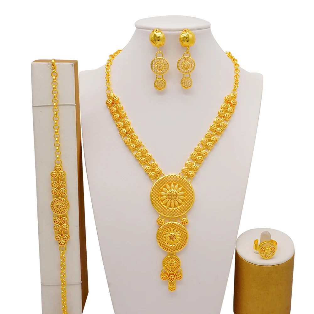 Indian Dubai Gold Color Jewelry Set For Women Bridal Long Necklace Set Nigerian Choker Necklace Bracelet Earring Ring Sets
