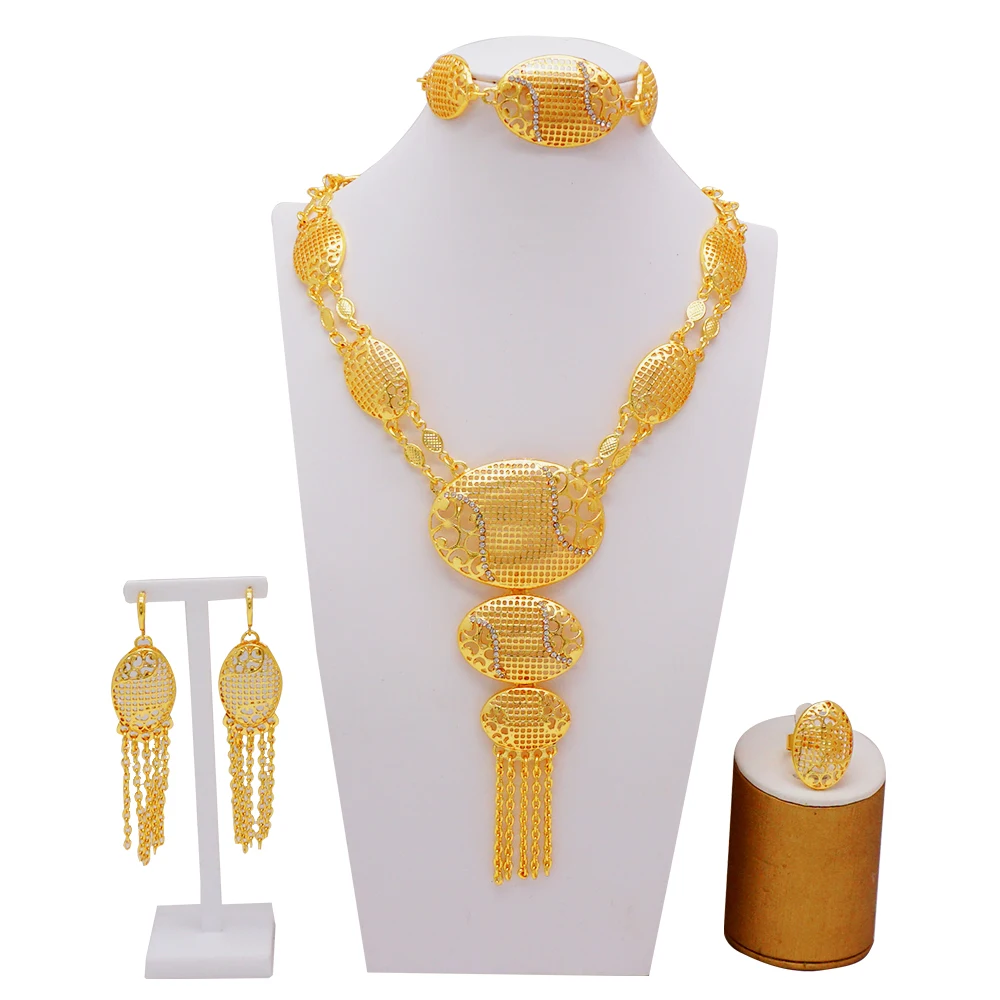 Indian Dubai Gold Color Jewelry Set For Women Bridal Long Necklace Set Nigerian Choker Necklace Bracelet Earring Ring Sets