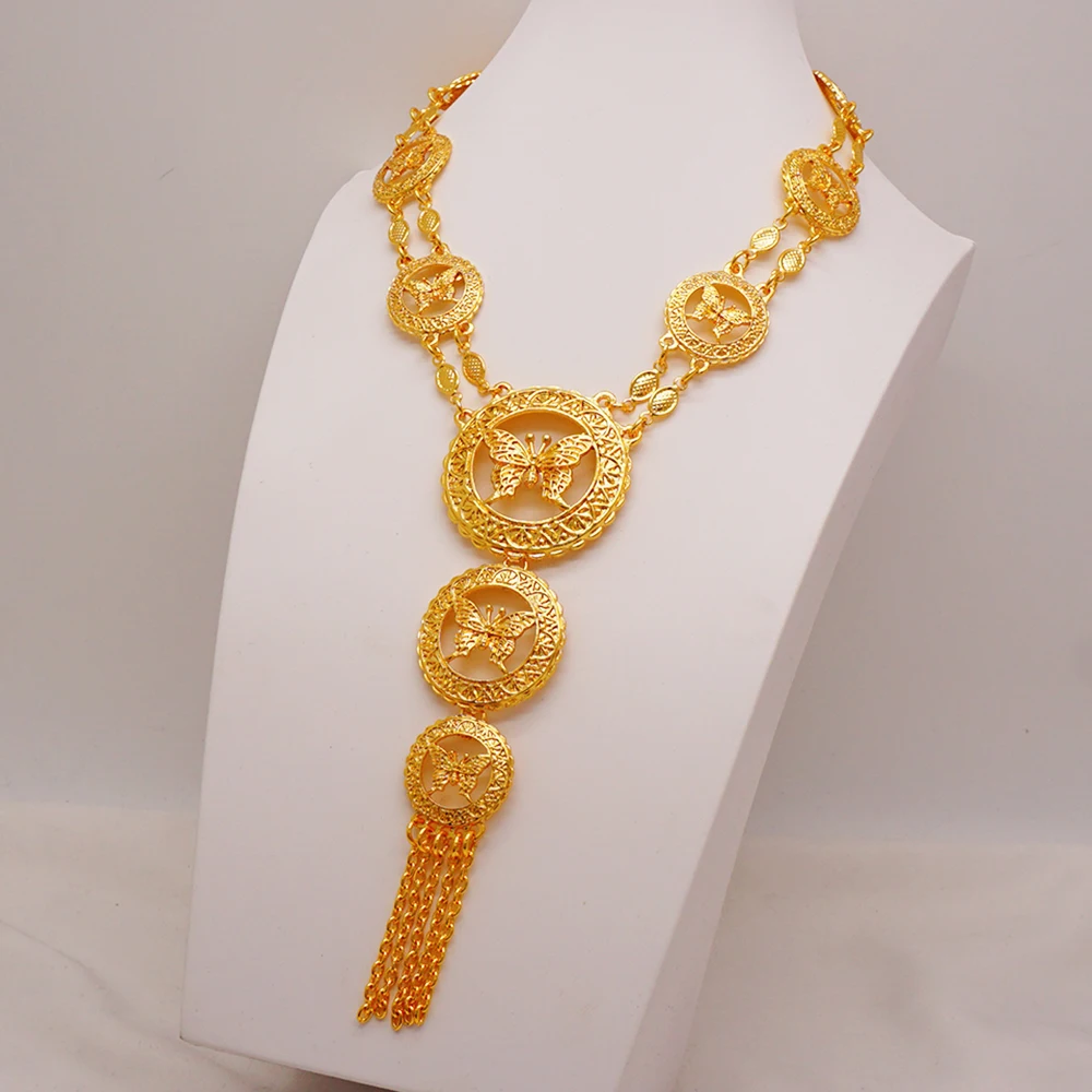 Indian Dubai Gold Color Jewelry Set For Women Bridal Long Necklace Set Nigerian Choker Necklace Bracelet Earring Ring Sets
