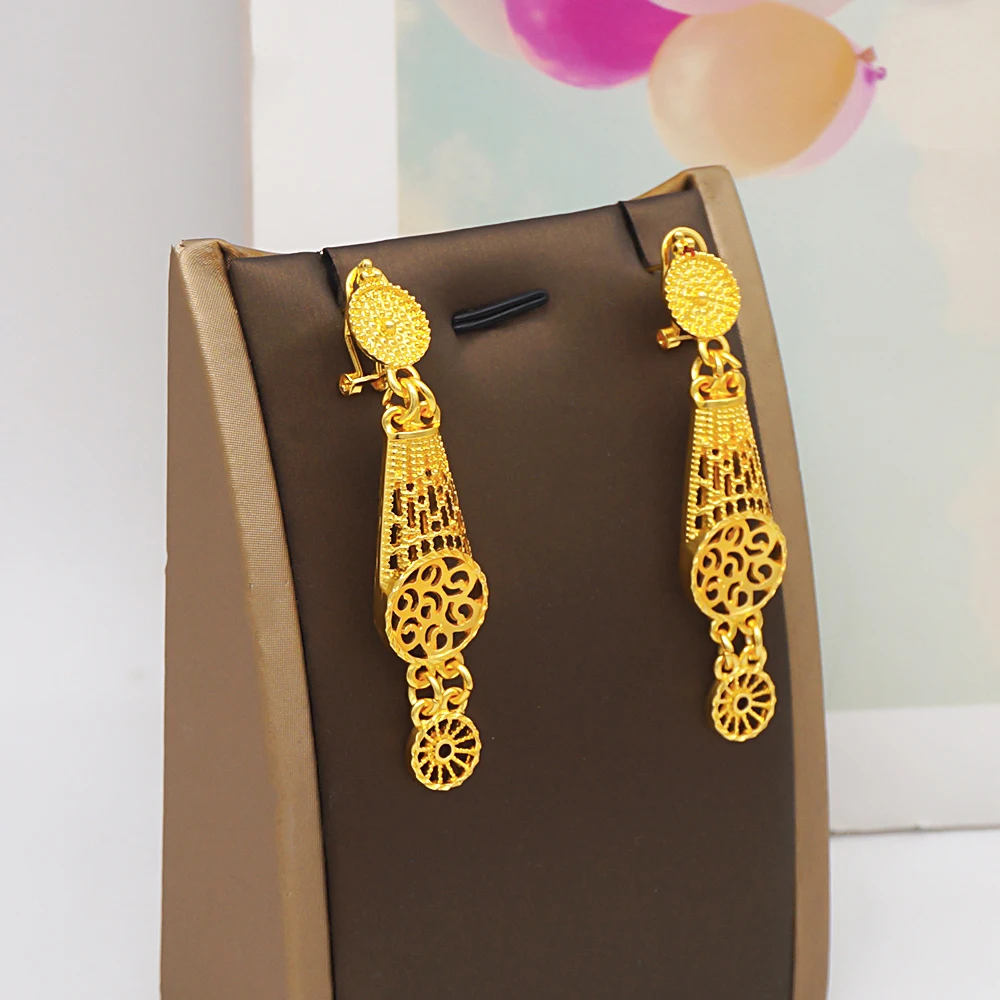 Indian Dubai Gold Color Jewelry Set For Women Bridal Long Necklace Set Nigerian Choker Necklace Bracelet Earring Ring Sets