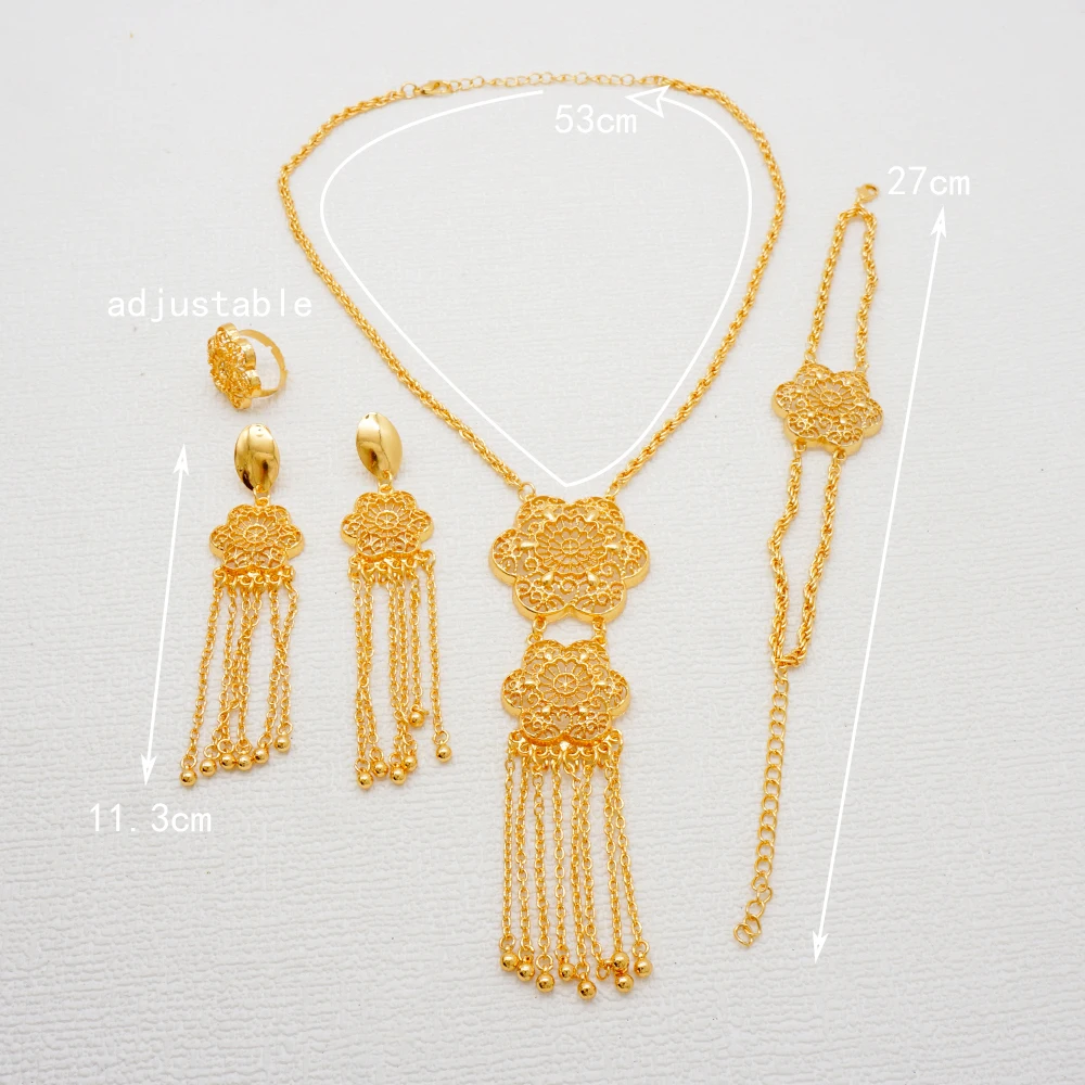 Indian Dubai Gold Color Jewelry Set For Women Bridal Long Necklace Set Nigerian Choker Necklace Bracelet Earring Ring Sets